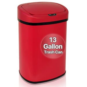 Dkelincs 13 Gallon Kitchen Trash Can Garbage Can with Lid Automatic Touch Free Stainless Steel Trash Can for Home Office Living Room Bedroom, 50 Liter (Red)