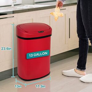 Dkelincs 13 Gallon Kitchen Trash Can Garbage Can with Lid Automatic Touch Free Stainless Steel Trash Can for Home Office Living Room Bedroom, 50 Liter (Red)