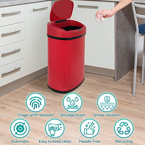 Dkelincs 13 Gallon Kitchen Trash Can Garbage Can with Lid Automatic Touch Free Stainless Steel Trash Can for Home Office Living Room Bedroom, 50 Liter (Red)