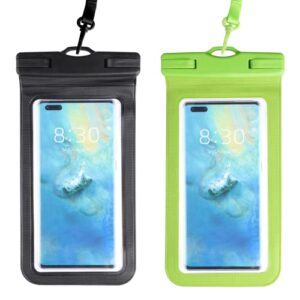 waterproof phone pouch floating [2 pack][7"], waterproof phone case with neck lanyard for iphone 13 12 11 pro max xs xr galaxy s22/21/20 plus note 10/9, pixel 4 xl, black+green