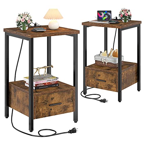 EnHomee Nightstand Set of 2 with Charging Station and 2 USB Ports 2 Outlets, Bedside Table with Wood Drawers, Industrial Bed Side Table, Night Stand for Bedroom Living Room, Easy Assembly,Rustic Brown