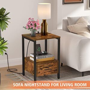 EnHomee Nightstand Set of 2 with Charging Station and 2 USB Ports 2 Outlets, Bedside Table with Wood Drawers, Industrial Bed Side Table, Night Stand for Bedroom Living Room, Easy Assembly,Rustic Brown