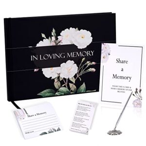 badawen funeral guest book, in loving memory guest book for hardcover memorial service registry decorations, silver pen, memory table card, poetry card, white rose set of 6