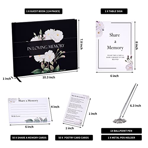 BADAWEN Funeral Guest Book, in Loving Memory Guest Book for Hardcover Memorial Service Registry Decorations, Silver Pen, Memory Table Card, Poetry Card, White Rose Set of 6