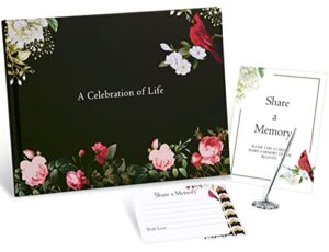 badawen funeral guest book, celebration of life guest book for hardcover green cardinal memorial service registry decorations, silver pen and memory table card sign included, set of 5