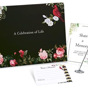 BADAWEN Funeral Guest Book, Celebration of Life Guest Book for Hardcover Green Cardinal Memorial Service Registry Decorations, Silver Pen and Memory Table Card Sign Included, Set of 5