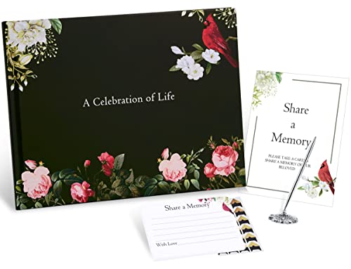 BADAWEN Funeral Guest Book, Celebration of Life Guest Book for Hardcover Green Cardinal Memorial Service Registry Decorations, Silver Pen and Memory Table Card Sign Included, Set of 5