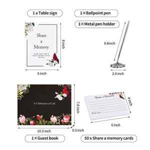 BADAWEN Funeral Guest Book, Celebration of Life Guest Book for Hardcover Green Cardinal Memorial Service Registry Decorations, Silver Pen and Memory Table Card Sign Included, Set of 5
