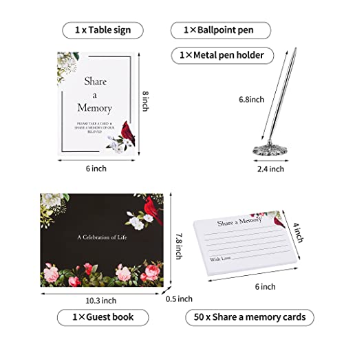 BADAWEN Funeral Guest Book, Celebration of Life Guest Book for Hardcover Green Cardinal Memorial Service Registry Decorations, Silver Pen and Memory Table Card Sign Included, Set of 5