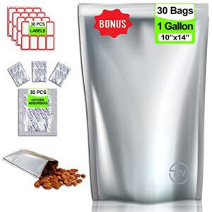 ever variety 1 gallon mylar bags for food storage, resealable mylar bags with oxygen absorbers, 30 pcs reusable mylar vacuum seal bags with labels, heat sealable mylar bags