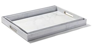 american atelier set of 2 marble finish rectangular serving tray with gold trim handles- indoor & outdoor platter for home entertaining, cocktails, snacks, barware, perfume (large 19x14, small 18x12)