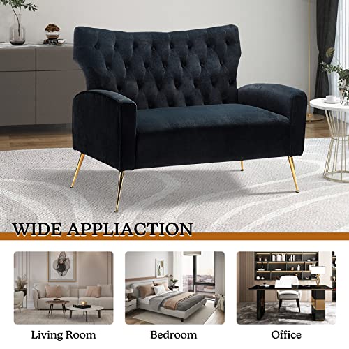 HULALA HOME Velvet Loveseat Sofa with Wingback & Gold Legs, Modern Button-Tufted 2-Seater Sofa for Living Room Bedroom, Comfy Upholstered Small Love Seat Couch, Black