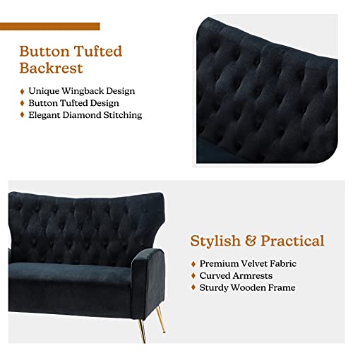 HULALA HOME Velvet Loveseat Sofa with Wingback & Gold Legs, Modern Button-Tufted 2-Seater Sofa for Living Room Bedroom, Comfy Upholstered Small Love Seat Couch, Black