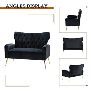 HULALA HOME Velvet Loveseat Sofa with Wingback & Gold Legs, Modern Button-Tufted 2-Seater Sofa for Living Room Bedroom, Comfy Upholstered Small Love Seat Couch, Black