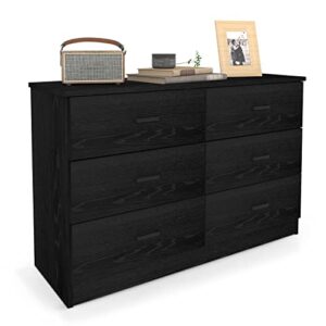 bigbiglife wood dresser for bedroom, 6 drawer double dresser with metal handles, sturdy and modern chest of drawers (black)