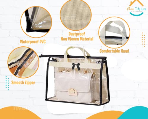 About tidy love Dust Bags For Handbags, Clear Purse Storage Organizer for Closet - Dust Free, Waterproof & Protective Purse Dust Bag with Zipper & Handles - 3x Transparent Purse Holder + 3 Hooks (1)