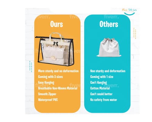 About tidy love Dust Bags For Handbags, Clear Purse Storage Organizer for Closet - Dust Free, Waterproof & Protective Purse Dust Bag with Zipper & Handles - 3x Transparent Purse Holder + 3 Hooks (1)