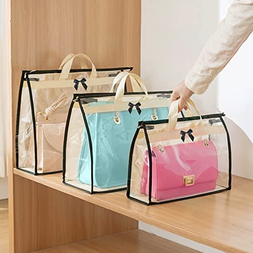 About tidy love Dust Bags For Handbags, Clear Purse Storage Organizer for Closet - Dust Free, Waterproof & Protective Purse Dust Bag with Zipper & Handles - 3x Transparent Purse Holder + 3 Hooks (1)