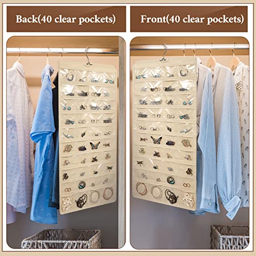 6 Pcs Hanging Jewelry Pocket Organizer Storage Roll with 80 Pockets, Dual Sided Hanging Women Girl Jewelry Holder Hanging Accessories Holder Closet Earring Storage for Earring Necklace Bracelet Ring