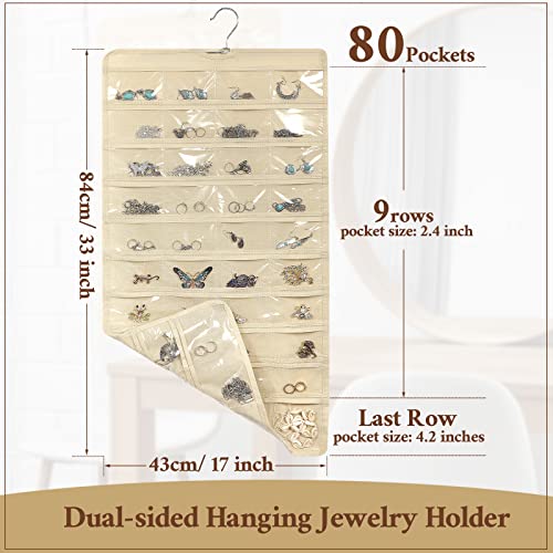 6 Pcs Hanging Jewelry Pocket Organizer Storage Roll with 80 Pockets, Dual Sided Hanging Women Girl Jewelry Holder Hanging Accessories Holder Closet Earring Storage for Earring Necklace Bracelet Ring