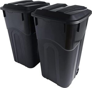 32 gallon wheeled outdoor garbage can with attached snap lock lid and heavy-duty handles, black, heavy-duty construction, perfect backyard, deck, or garage trash can, 2 pack
