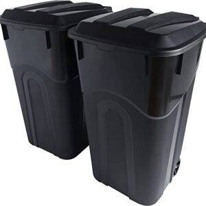 32 Gallon Wheeled Outdoor Garbage Can with Attached Snap Lock Lid and Heavy-Duty Handles, Black, Heavy-Duty Construction, Perfect Backyard, Deck, or Garage Trash Can, 2 Pack