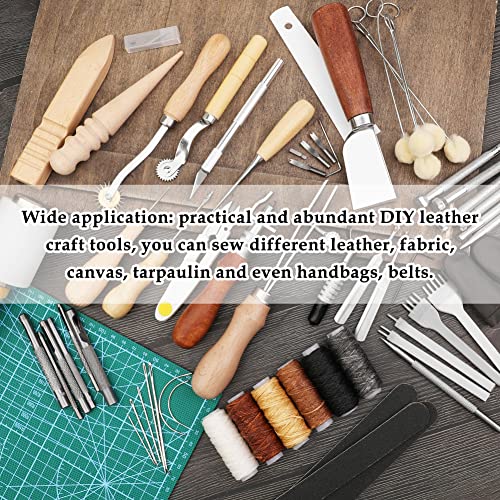 Leather Craft Tools, 60 Pieces Leather Working Tools and Supplies with Storage Bag Cutting Mat Prong Punch Groover Edge Creaser Stamping Carving Knife Awl Hammer for Leather Craft Making DIY Sewing