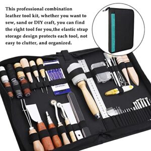 Leather Craft Tools, 60 Pieces Leather Working Tools and Supplies with Storage Bag Cutting Mat Prong Punch Groover Edge Creaser Stamping Carving Knife Awl Hammer for Leather Craft Making DIY Sewing