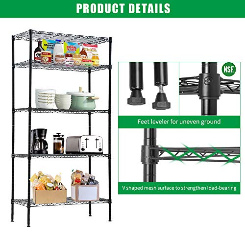 Dkelincs 5-Tier Wire Shelving Metal Utility Steel Storage Shelves for Garage Kitchen Living Room 24" L X 14" W X 60" H Shelf Unit Organizer Rack, Black