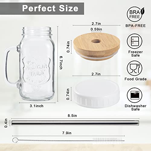 Mason Jar 24OZ Mason Jar with Lid and Straw Regular Mason Jar Lids Set Of 2 Mason Jar Cups with Handles Reusable Boba Cups Travel Bottle for Iced Coffee Large Pearl Juice Cocktail Smoothie (2, 24OZ)