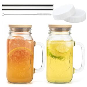 Mason Jar 24OZ Mason Jar with Lid and Straw Regular Mason Jar Lids Set Of 2 Mason Jar Cups with Handles Reusable Boba Cups Travel Bottle for Iced Coffee Large Pearl Juice Cocktail Smoothie (2, 24OZ)