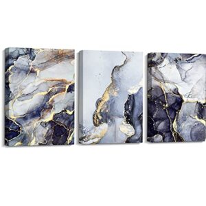 creoate abstract wall art 3 pieces navy blue gold canvas painting print wall art wrapped canvas art set modern home office wall decor for living room, ready to hang