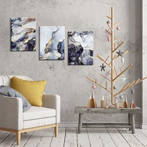 Creoate Abstract Wall Art 3 Pieces Navy Blue Gold Canvas Painting Print Wall Art Wrapped Canvas Art Set Modern Home Office Wall Decor for Living Room, Ready to Hang
