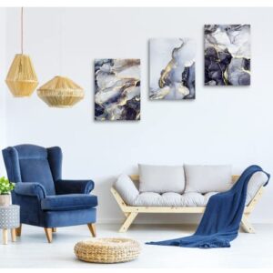 Creoate Abstract Wall Art 3 Pieces Navy Blue Gold Canvas Painting Print Wall Art Wrapped Canvas Art Set Modern Home Office Wall Decor for Living Room, Ready to Hang