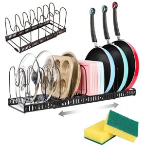 pots and pans organizer,expandable pot rack organizer for cabinet,10 adjustable compartment for pot organizer for kitchen cabinet cookware baking frying rack bake ware storage