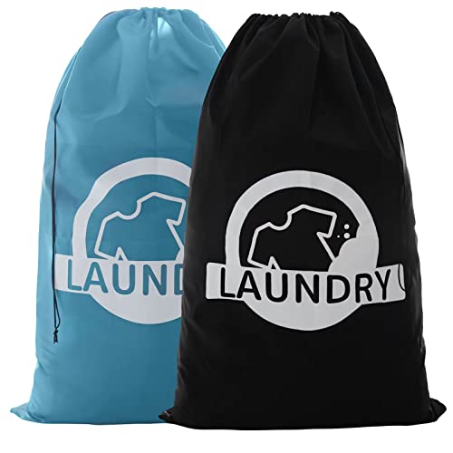 Dirty Laundry Travel Bag - Extra Large Heavy Duty Dirty Clothes Bag for Traveling, 2 Pack XL Machine Washable Camp Drawstring Laundry Bags（Blue and Black）