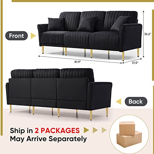 GEEVIVO 3 Seater Sofa for Living Room, Modern Velvet Upholstered Sofa Couches with Removable Tufted Back and Pillows Sofa with Metal Legs, Decor Furniture for Bedroom, Office, Apartment (Black)