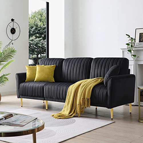 GEEVIVO 3 Seater Sofa for Living Room, Modern Velvet Upholstered Sofa Couches with Removable Tufted Back and Pillows Sofa with Metal Legs, Decor Furniture for Bedroom, Office, Apartment (Black)