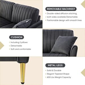 GEEVIVO 3 Seater Sofa for Living Room, Modern Velvet Upholstered Sofa Couches with Removable Tufted Back and Pillows Sofa with Metal Legs, Decor Furniture for Bedroom, Office, Apartment (Black)