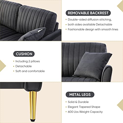 GEEVIVO 3 Seater Sofa for Living Room, Modern Velvet Upholstered Sofa Couches with Removable Tufted Back and Pillows Sofa with Metal Legs, Decor Furniture for Bedroom, Office, Apartment (Black)