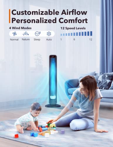 Tower Fan, 28dB 90°Oscillating Fan with DC Motor, 12 Speed Levels, 4 Wind Modes, 12-Hour Timer, Night Light, Portable Cooling Bladeless Floor Fan with Remote for Living Room Bedroom Office，42”