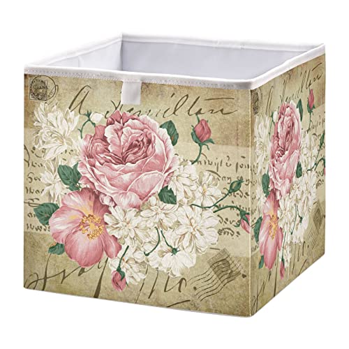 ALAZA Foldable Storage Bins, Vintage Shabby Chic Pink Rose Floral Storage Boxes Decorative Basket for Bedroom Nursery Closet Toys Books