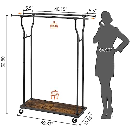 Hoctieon Heavy Duty Double Rod Clothing Racks for Hanging Clothes,Extensible Garment Rack With Wheels,Clothes Rack with Wooden Bottom Shelves