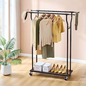 Hoctieon Heavy Duty Double Rod Clothing Racks for Hanging Clothes,Extensible Garment Rack With Wheels,Clothes Rack with Wooden Bottom Shelves