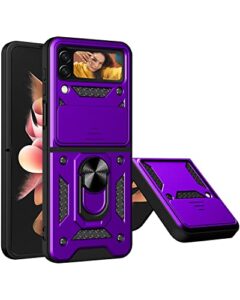 aicase for samsung galaxy z flip 4 case, with ring kickstand and camera cover, shockproof flip phone case for galaxy z flip 4 5g [support magnetic car mount], purple