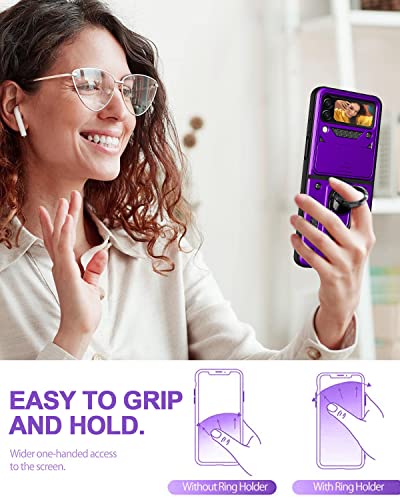 AICase for Samsung Galaxy Z Flip 4 Case, with Ring Kickstand and Camera Cover, Shockproof Flip Phone Case for Galaxy Z Flip 4 5G [Support Magnetic Car Mount], Purple