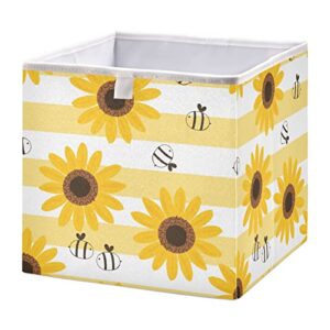 alaza collapsible storage cubes organizer,sunflower bee cartoons white yellow stripe storage containers closet shelf organizer with handles for home office