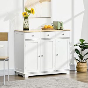 HOMCOM Sideboard Buffet Cabinet with Drawers, Kitchen Cabinet, Coffee Bar Cabinet with Rubberwood Top and Adjustable Shelves for Living Room, Kitchen, White