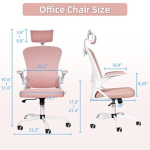 Dvenger Office Desk Chairs with Wheels and Flip up Arms Headrest, Executive Office Chairs Clearance, Height Adjustable Ergonomic Mesh Office Chair for Home Office, Pink
