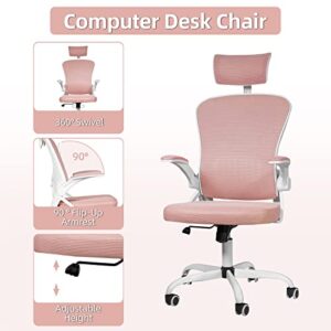 Dvenger Office Desk Chairs with Wheels and Flip up Arms Headrest, Executive Office Chairs Clearance, Height Adjustable Ergonomic Mesh Office Chair for Home Office, Pink